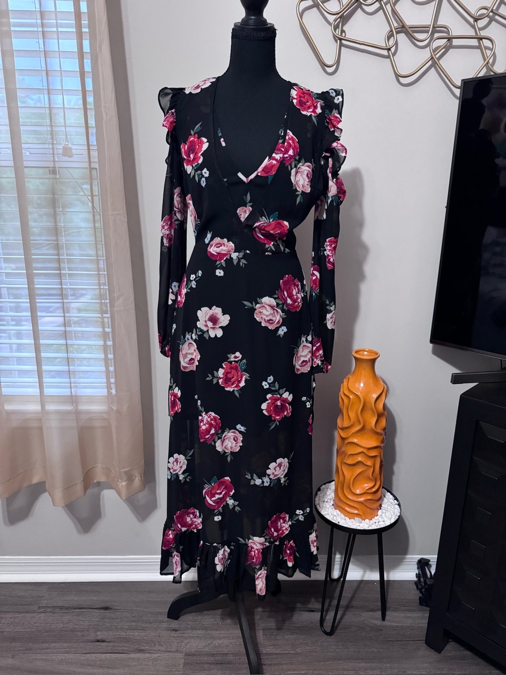 H&M Black Maxi Dress with Pink Rose Print
